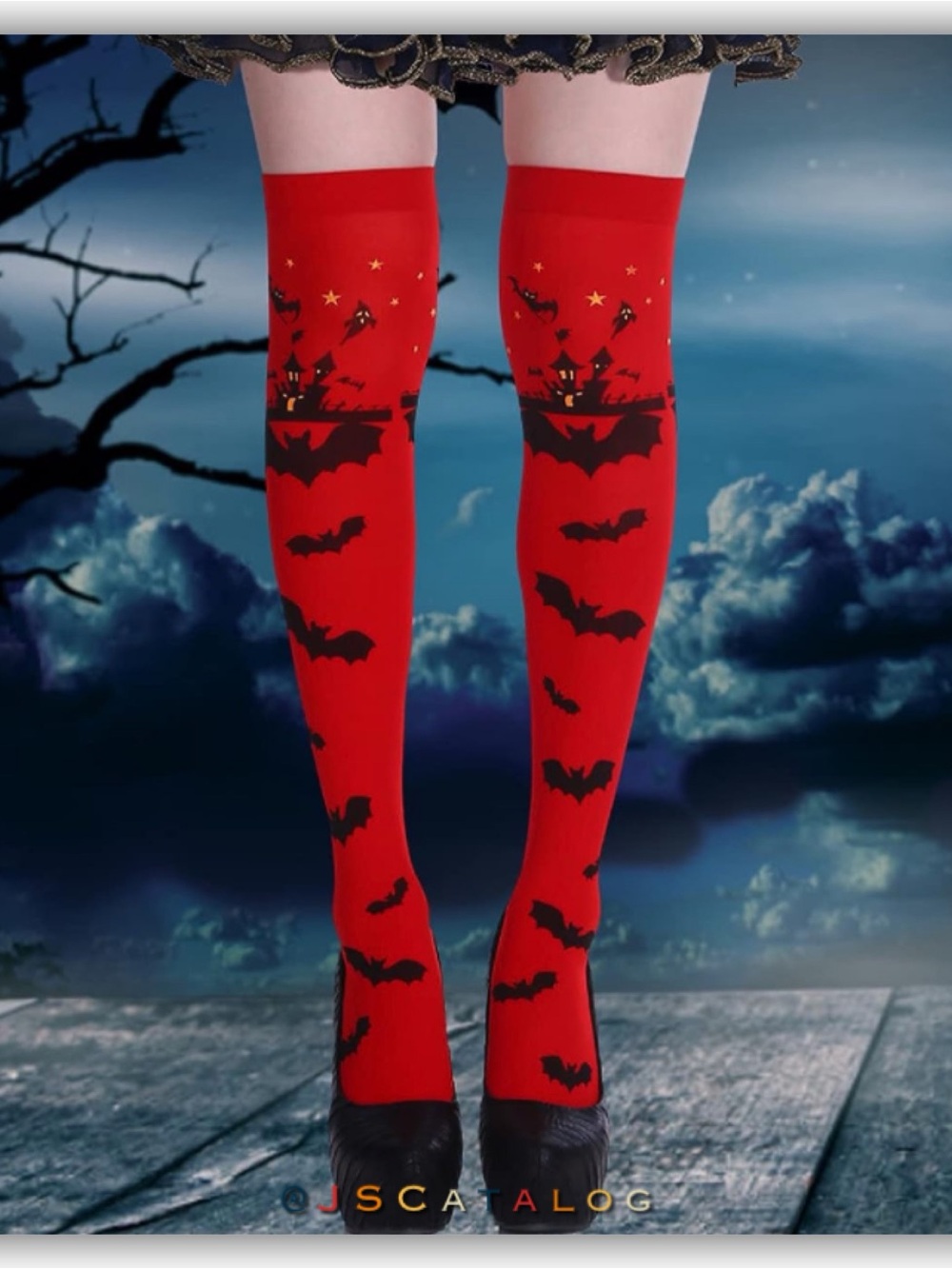 Red Halloween Bat-Print Thighhigh Socks
